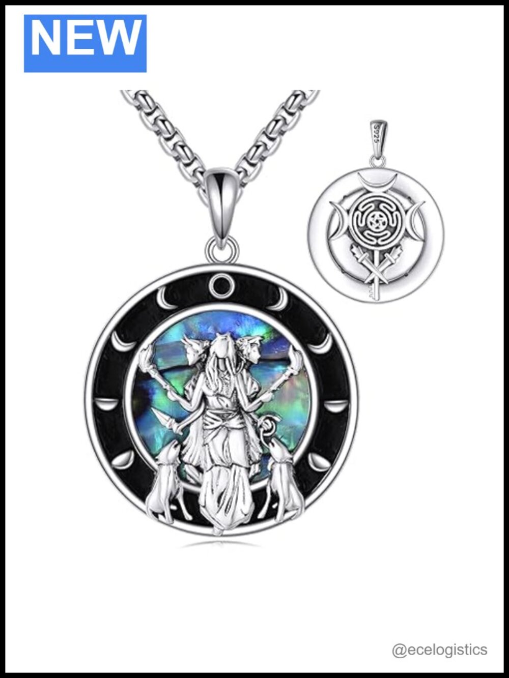 Hecate Moon Phase Goddess Pendant Necklace Sterling Silver 18+2 Inch Rolo Chain